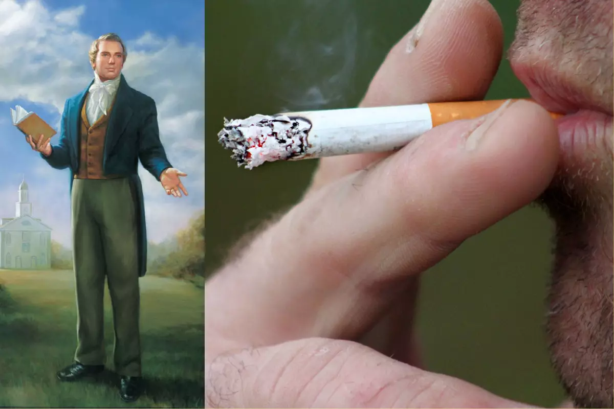 Dwa połączone zdjęcia, Joseph Smith - prorok mormonów i mężczyzna palący papierosy