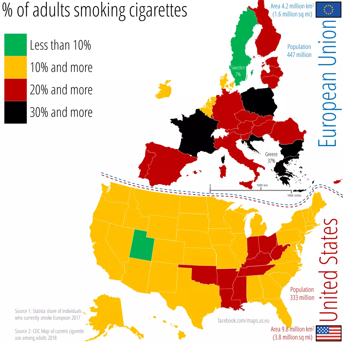 Mapa USA i Europy z kolorami pokazującymi gdzie pali najwięcej dorosłych