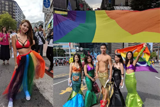 Trzy złączone zdjęcia z parady równości na Tajwanie, kobieta, tęczowa flaga i grupa ludzi